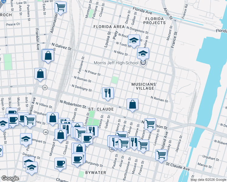 map of restaurants, bars, coffee shops, grocery stores, and more near 1713 Gallier Street in New Orleans