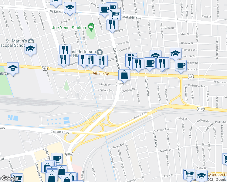 map of restaurants, bars, coffee shops, grocery stores, and more near 4510 Chalfant Drive in Metairie