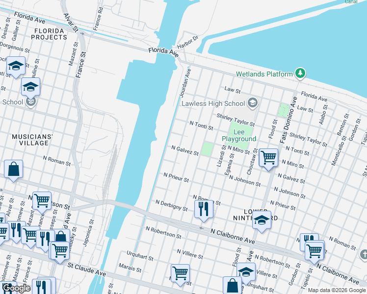 map of restaurants, bars, coffee shops, grocery stores, and more near 2034 Deslonde Street in New Orleans