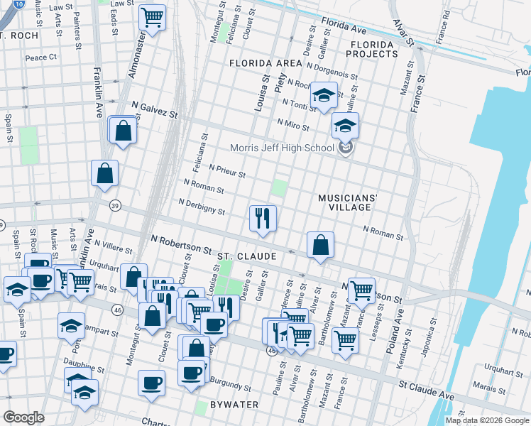 map of restaurants, bars, coffee shops, grocery stores, and more near 3334A North Derbigny Street in New Orleans