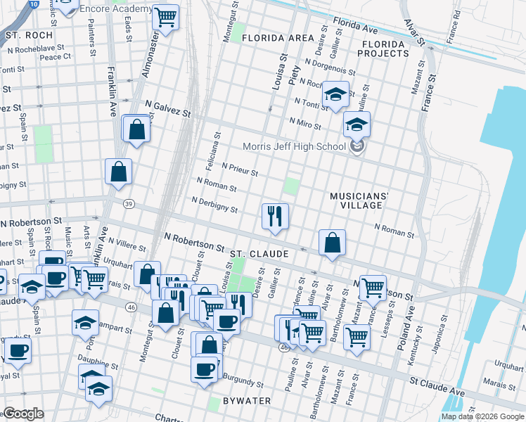 map of restaurants, bars, coffee shops, grocery stores, and more near 3334A North Derbigny Street in New Orleans