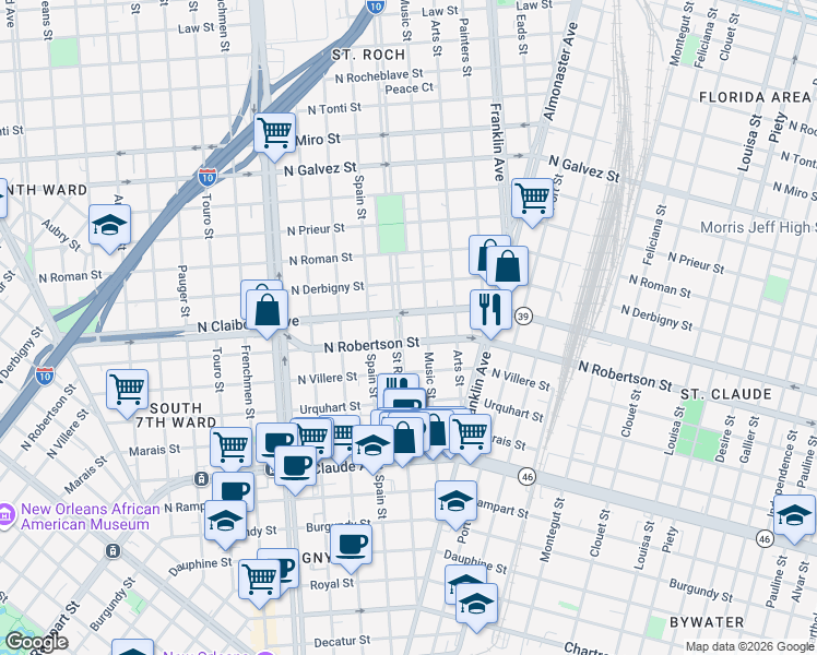 map of restaurants, bars, coffee shops, grocery stores, and more near 1500 Saint Roch Avenue in New Orleans