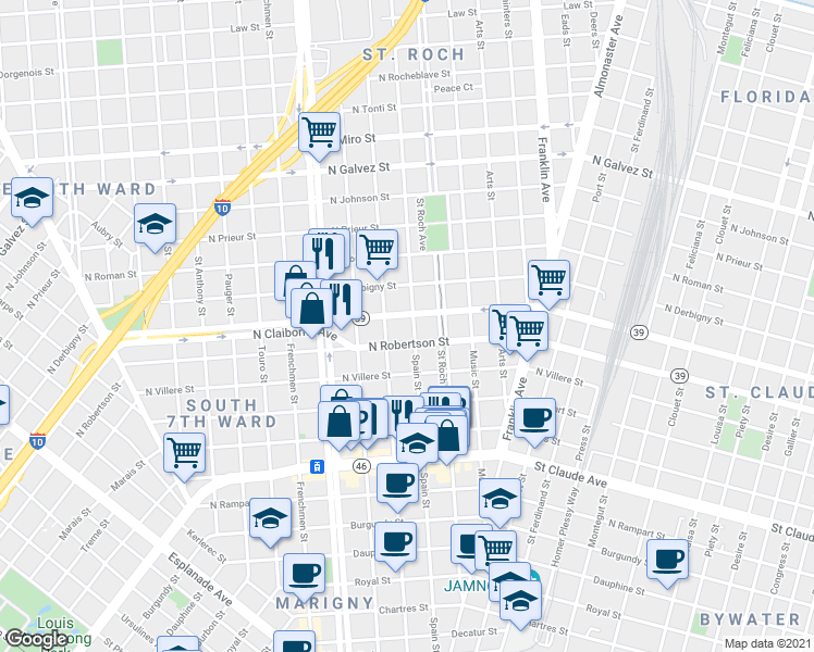 map of restaurants, bars, coffee shops, grocery stores, and more near 2329 North Robertson Street in New Orleans