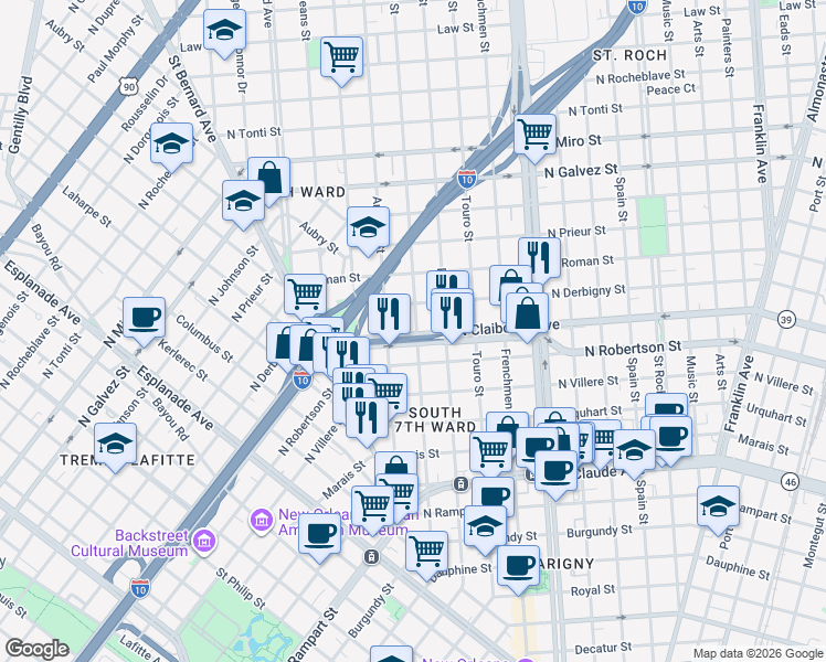 map of restaurants, bars, coffee shops, grocery stores, and more near 1814 North Claiborne Avenue in New Orleans