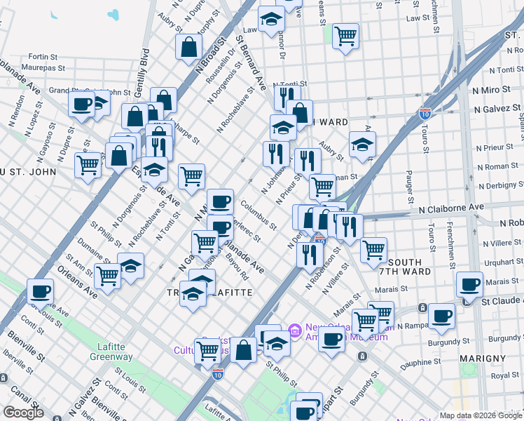 map of restaurants, bars, coffee shops, grocery stores, and more near 1922 Columbus Street in New Orleans