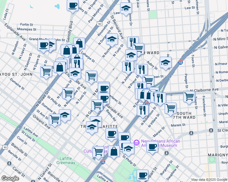map of restaurants, bars, coffee shops, grocery stores, and more near 1922 Columbus Street in New Orleans