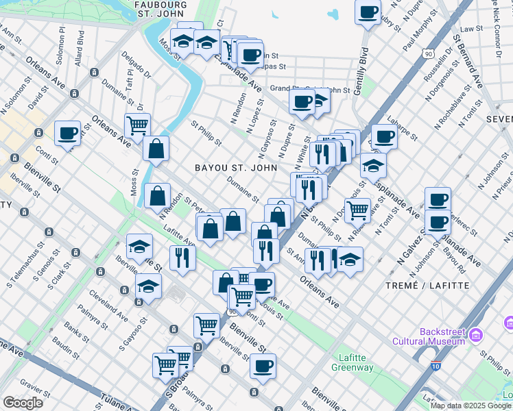 map of restaurants, bars, coffee shops, grocery stores, and more near 820 North Dupre Street in New Orleans