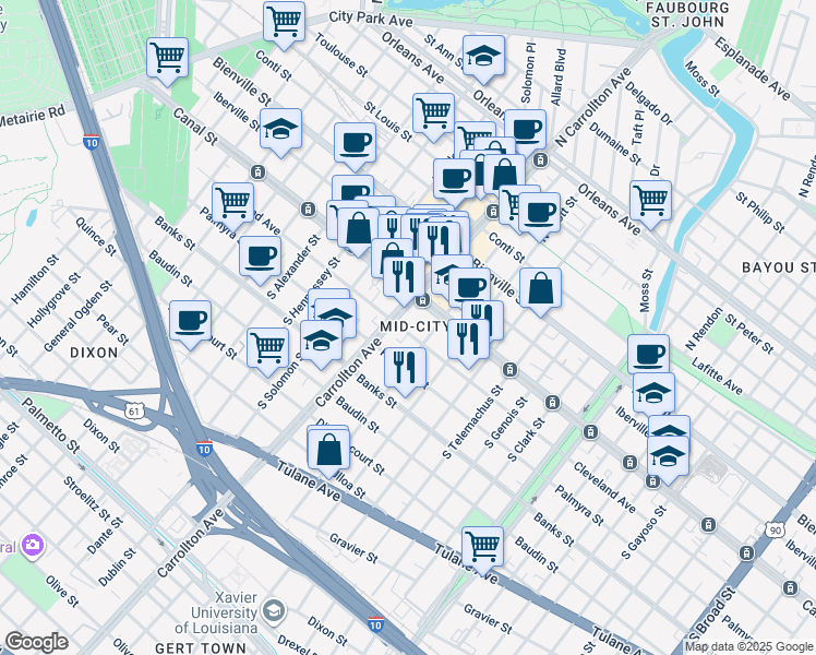 map of restaurants, bars, coffee shops, grocery stores, and more near 4015 Cleveland Avenue in New Orleans