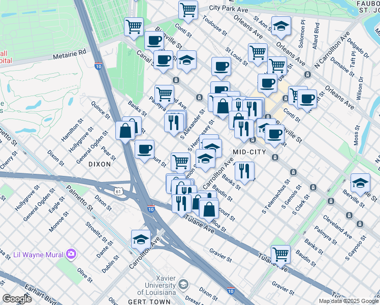 map of restaurants, bars, coffee shops, grocery stores, and more near 405 South Solomon Street in New Orleans