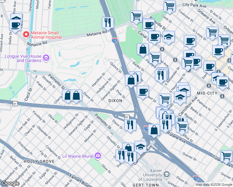 map of restaurants, bars, coffee shops, grocery stores, and more near 8724 Pear Street in New Orleans