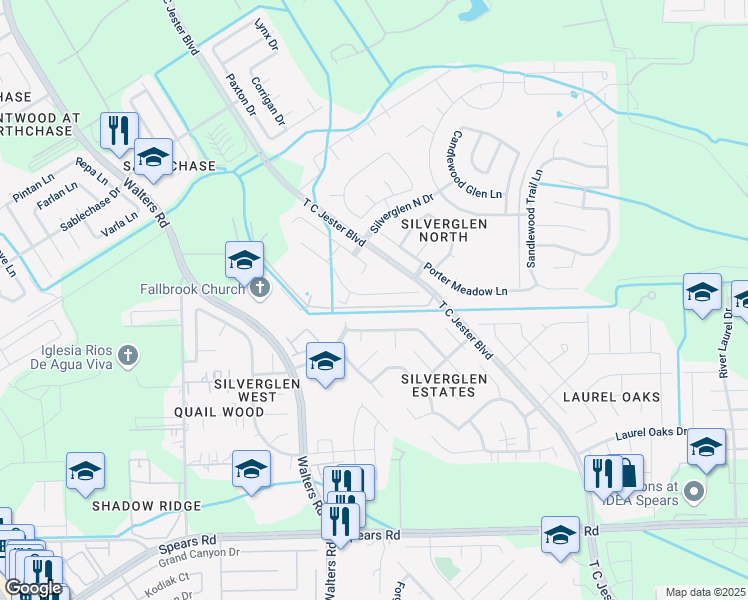 map of restaurants, bars, coffee shops, grocery stores, and more near 2614 Silver Meadow Drive in Houston
