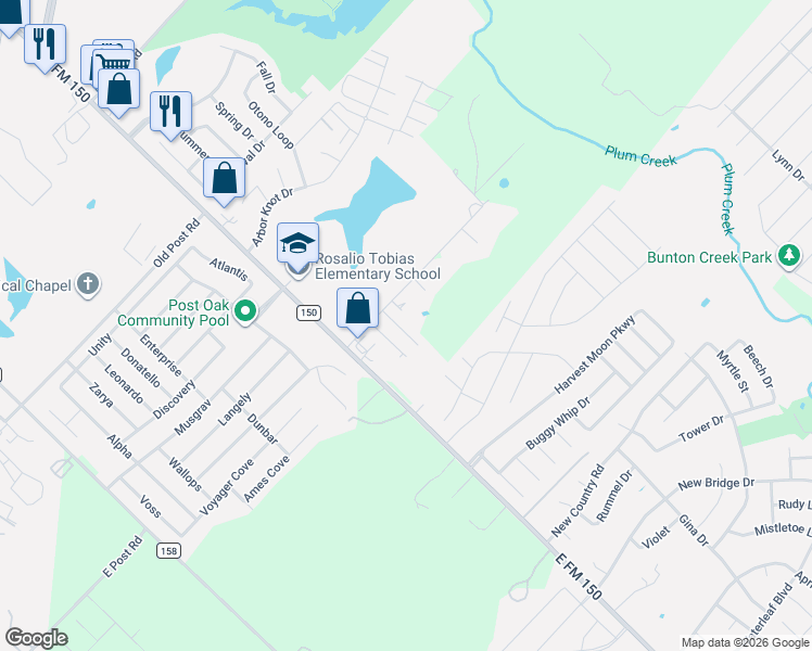 map of restaurants, bars, coffee shops, grocery stores, and more near 137 Creekside Villa Drive in Kyle