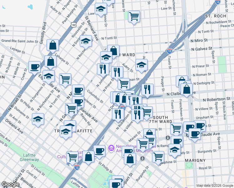 map of restaurants, bars, coffee shops, grocery stores, and more near 1715 Laharpe Street in New Orleans