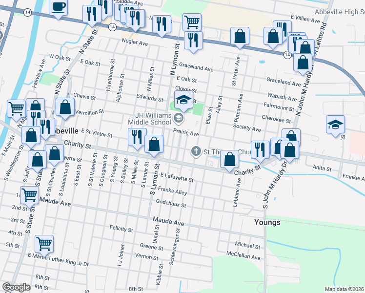 map of restaurants, bars, coffee shops, grocery stores, and more near 100-198 Donald Frederick Boulevard in Abbeville