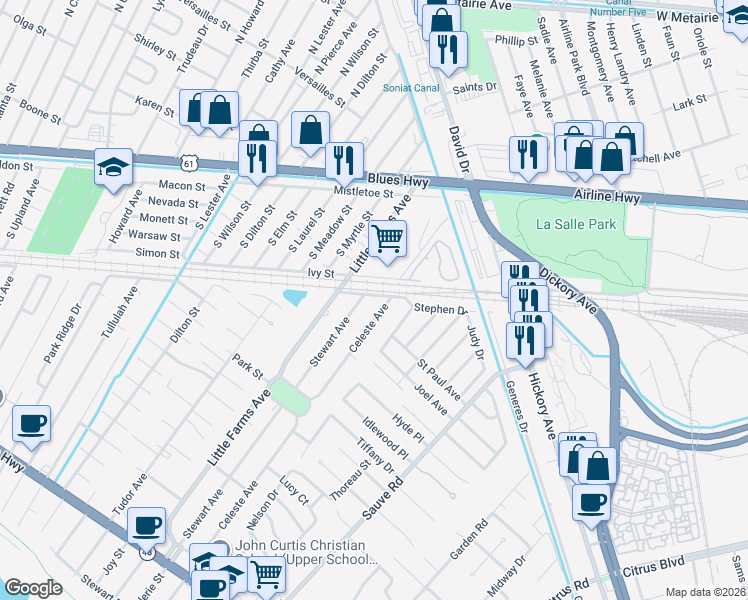 map of restaurants, bars, coffee shops, grocery stores, and more near 833 Celeste Avenue in River Ridge
