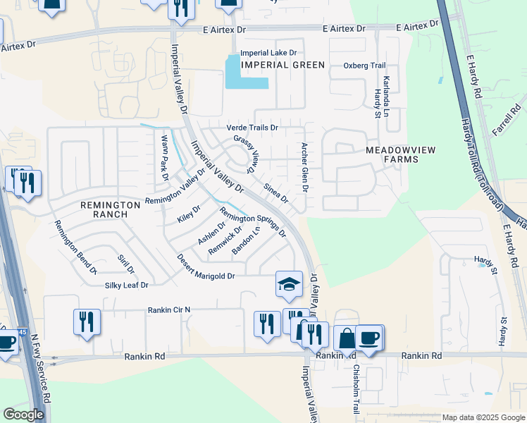 map of restaurants, bars, coffee shops, grocery stores, and more near 18918 Remington Springs Drive in Houston