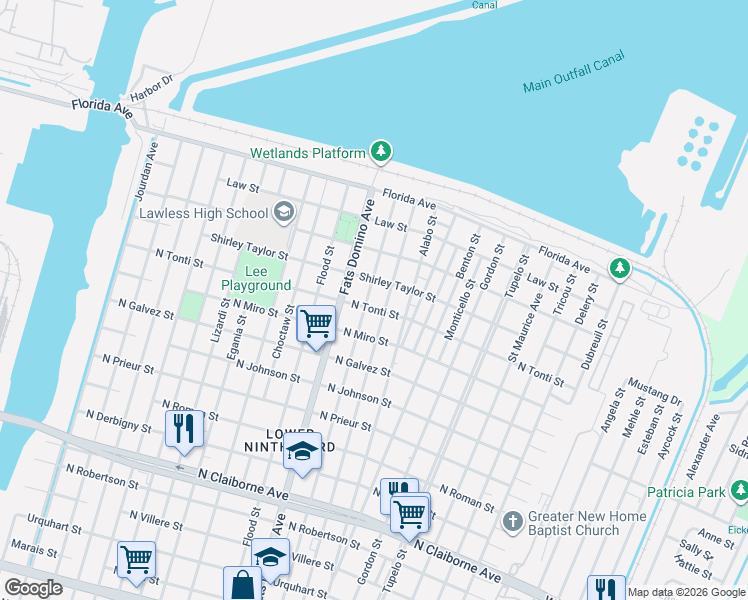 map of restaurants, bars, coffee shops, grocery stores, and more near 2239 Lamanche Street in New Orleans