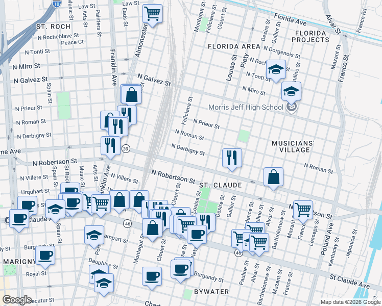 map of restaurants, bars, coffee shops, grocery stores, and more near 3121 North Claiborne Avenue in New Orleans