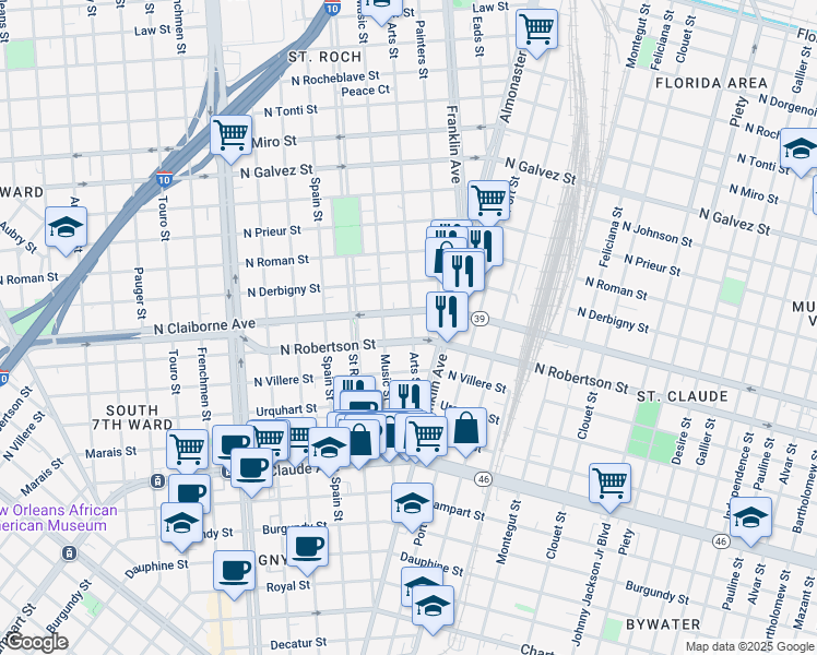 map of restaurants, bars, coffee shops, grocery stores, and more near 2447 North Robertson Street in New Orleans
