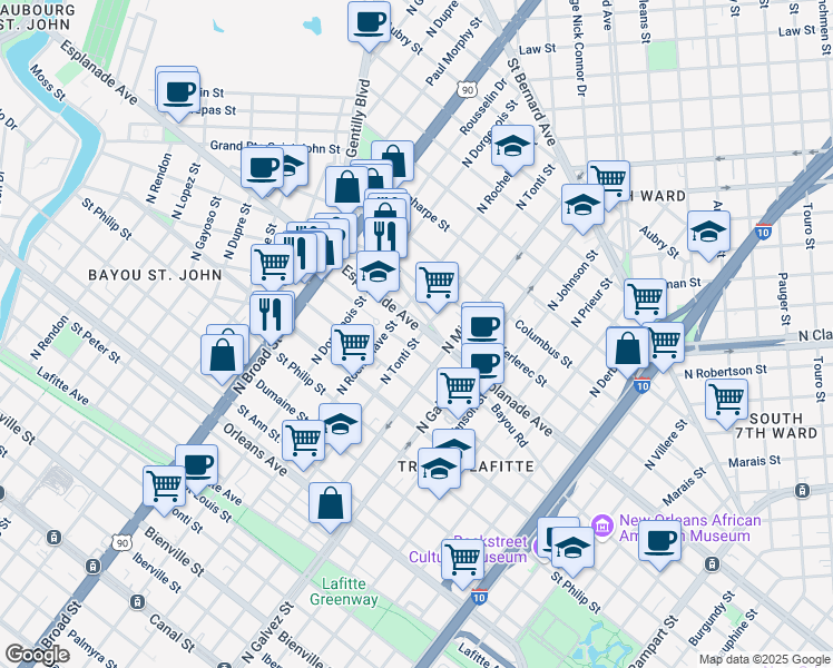 map of restaurants, bars, coffee shops, grocery stores, and more near 1300 North Tonti Street in New Orleans