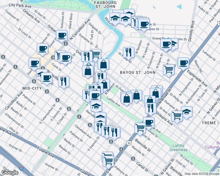 map of restaurants, bars, coffee shops, grocery stores, and more near 3141 Toulouse Street in New Orleans