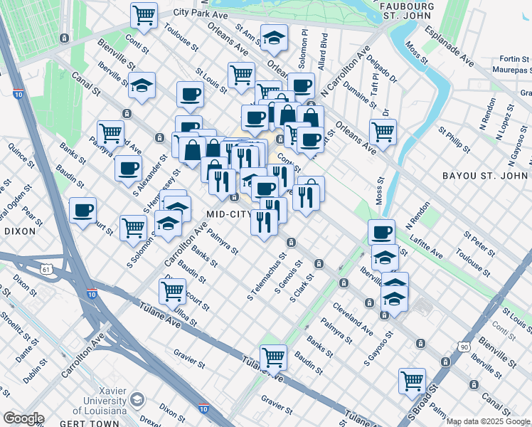 map of restaurants, bars, coffee shops, grocery stores, and more near 3900 Canal Street in New Orleans