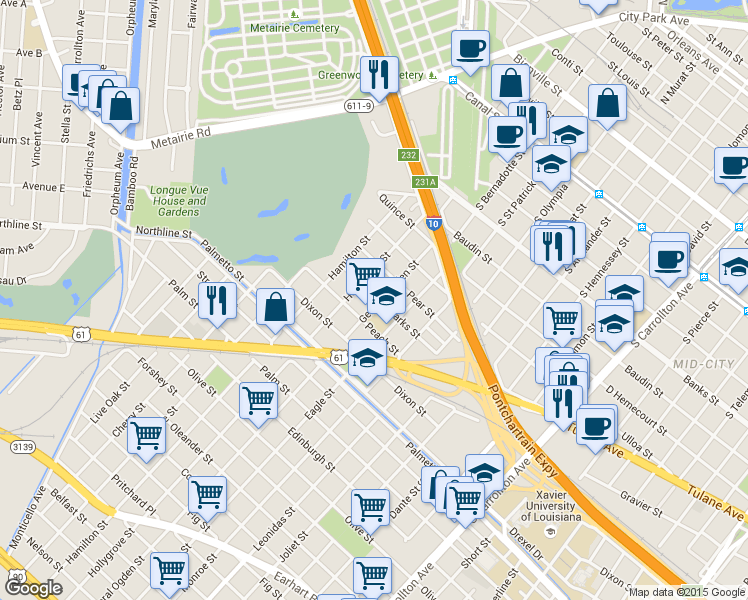 map of restaurants, bars, coffee shops, grocery stores, and more near 4040 Eagle Street in New Orleans