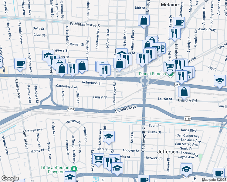 map of restaurants, bars, coffee shops, grocery stores, and more near 3424 Claiborne Avenue in Metairie