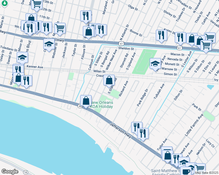 map of restaurants, bars, coffee shops, grocery stores, and more near 11101 Newton Street in River Ridge