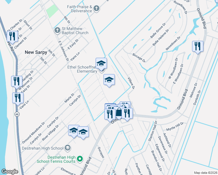 map of restaurants, bars, coffee shops, grocery stores, and more near 130 Plantation Road in Destrehan