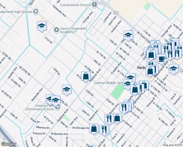 map of restaurants, bars, coffee shops, grocery stores, and more near 915 North 20th Street in Nederland