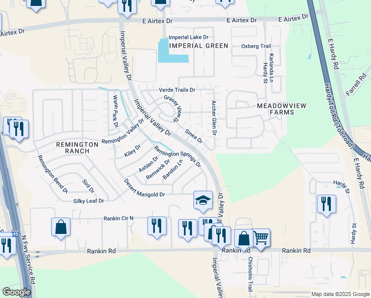 map of restaurants, bars, coffee shops, grocery stores, and more near 18918 Remington Springs Drive in Houston