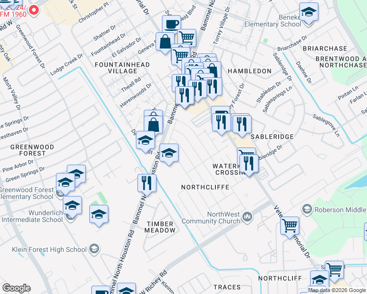 map of restaurants, bars, coffee shops, grocery stores, and more near 4322 Windrift Drive in Houston
