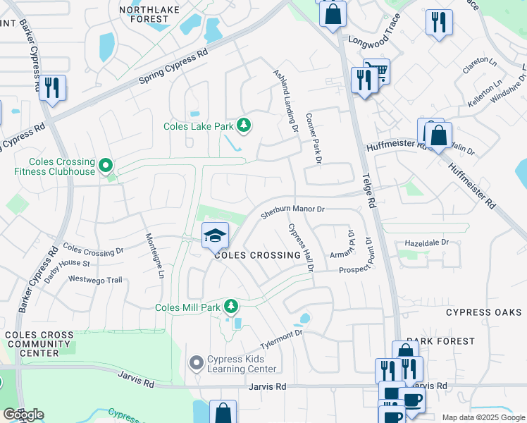 map of restaurants, bars, coffee shops, grocery stores, and more near 15926 Linwood Manor Court in Cypress
