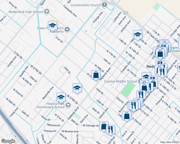 map of restaurants, bars, coffee shops, grocery stores, and more near 1028 North 22nd Street in Nederland