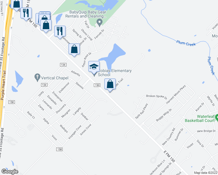 map of restaurants, bars, coffee shops, grocery stores, and more near 119 Lakeview Court in Kyle