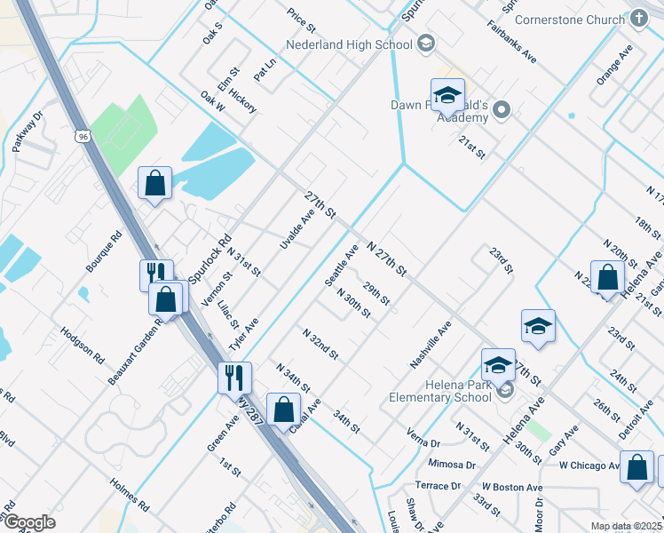map of restaurants, bars, coffee shops, grocery stores, and more near 3004 Seattle Avenue in Nederland