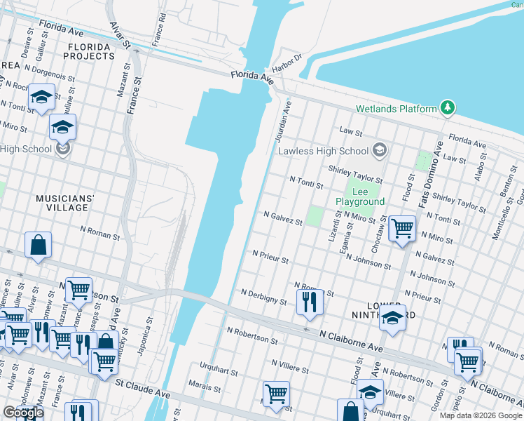 map of restaurants, bars, coffee shops, grocery stores, and more near 2034 Deslonde Street in New Orleans