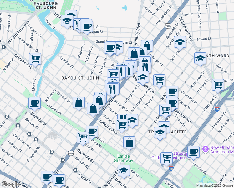 map of restaurants, bars, coffee shops, grocery stores, and more near 2628 Ursulines Avenue in New Orleans