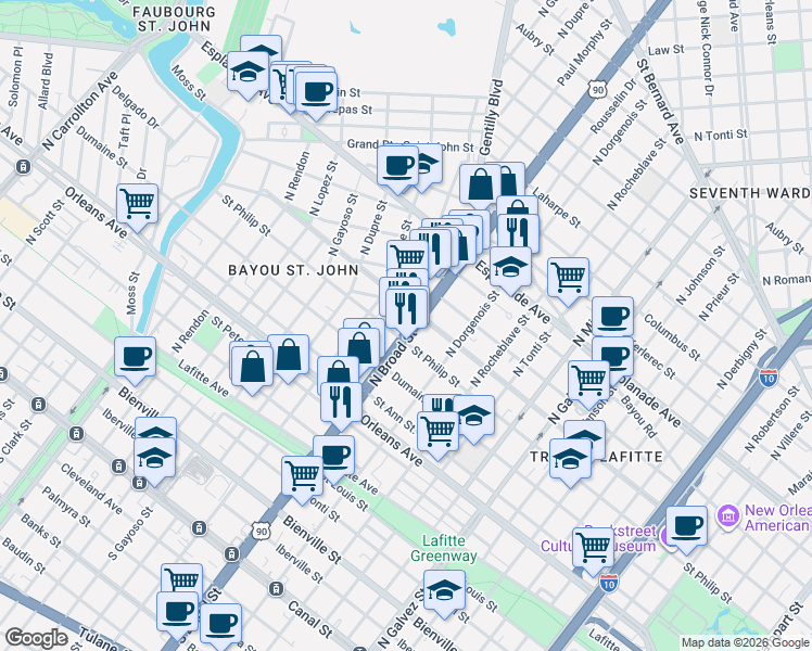 map of restaurants, bars, coffee shops, grocery stores, and more near 945 U.S. 90 in New Orleans