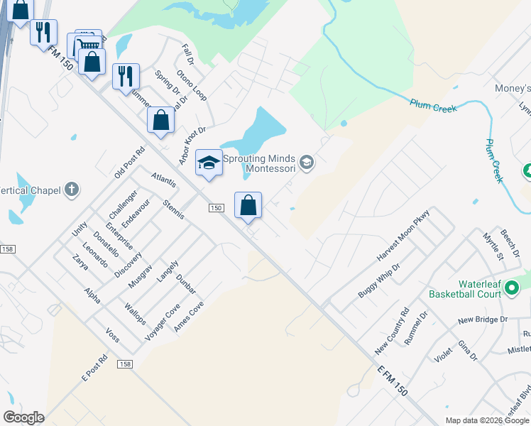 map of restaurants, bars, coffee shops, grocery stores, and more near 106 Creekside Villa Drive in Kyle