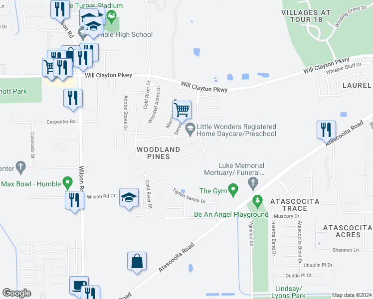 map of restaurants, bars, coffee shops, grocery stores, and more near 9610 Siano Pines Drive in Humble