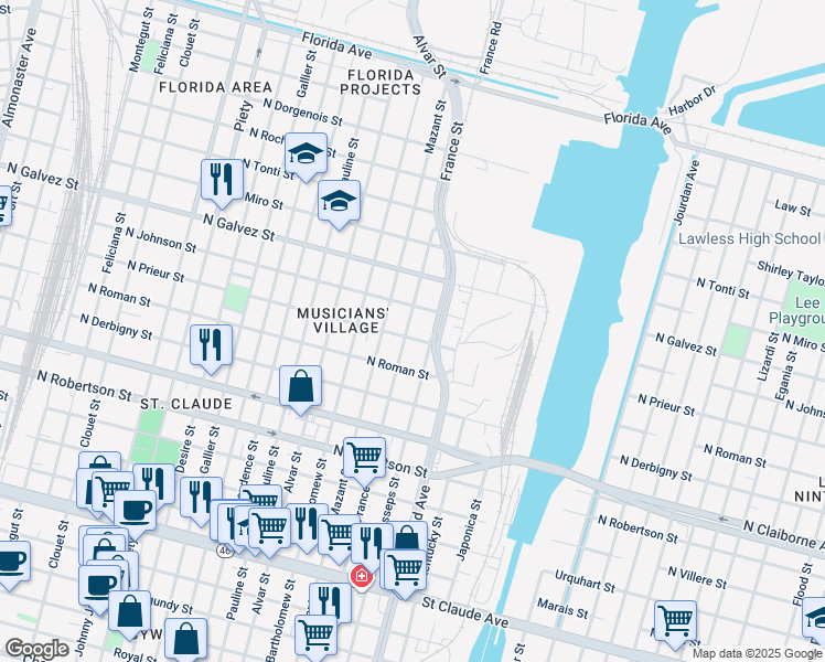 map of restaurants, bars, coffee shops, grocery stores, and more near 1832 France Street in New Orleans