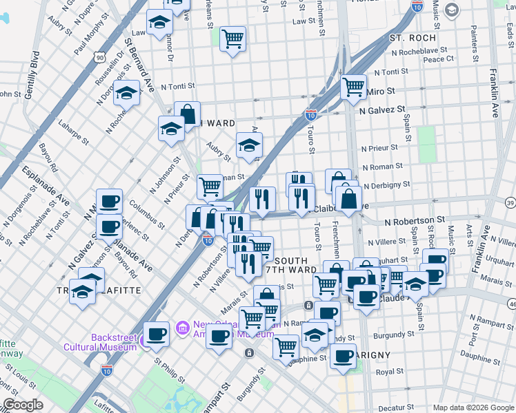 map of restaurants, bars, coffee shops, grocery stores, and more near 1706 North Claiborne Avenue in New Orleans