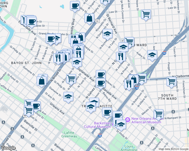 map of restaurants, bars, coffee shops, grocery stores, and more near in New Orleans