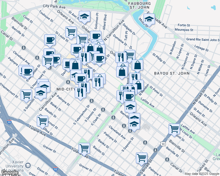 map of restaurants, bars, coffee shops, grocery stores, and more near 3614 Bienville Street in New Orleans