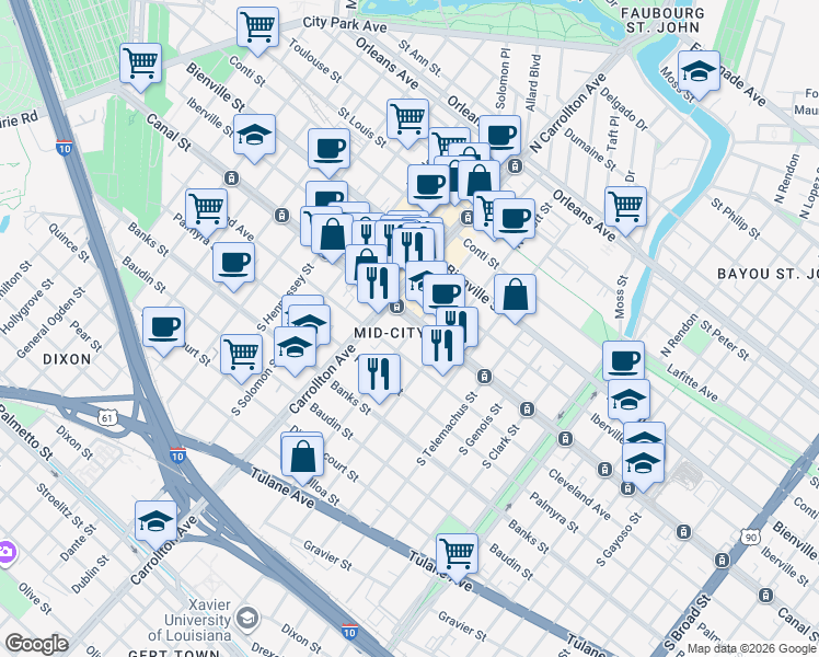 map of restaurants, bars, coffee shops, grocery stores, and more near 4015 Cleveland Avenue in New Orleans