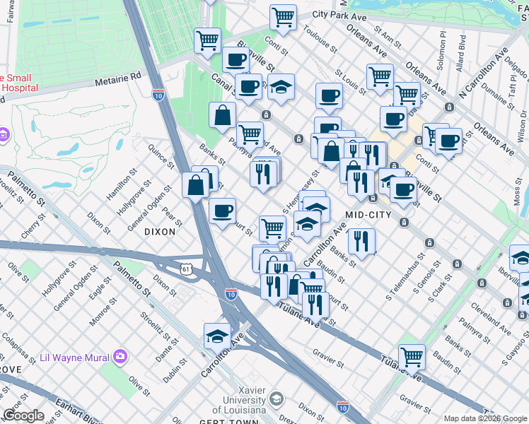 map of restaurants, bars, coffee shops, grocery stores, and more near in New Orleans