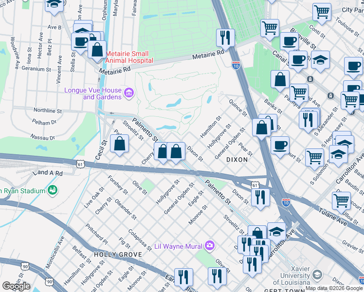 map of restaurants, bars, coffee shops, grocery stores, and more near 9111 Palmetto Street in New Orleans