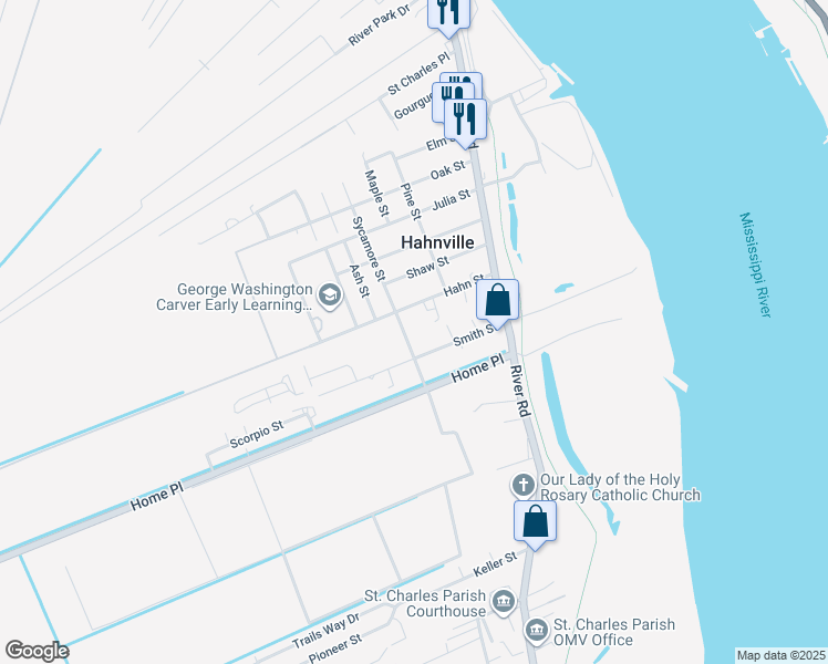 map of restaurants, bars, coffee shops, grocery stores, and more near 200 Sycamore Street in Hahnville